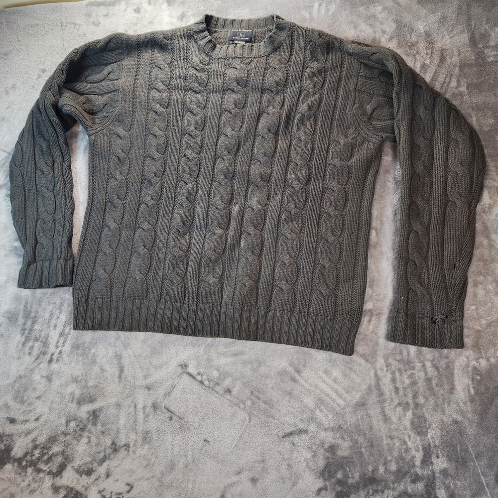 Fishermans Sweater Mens Large Green Wool Waffle Crewneck Raglan Pure Simple